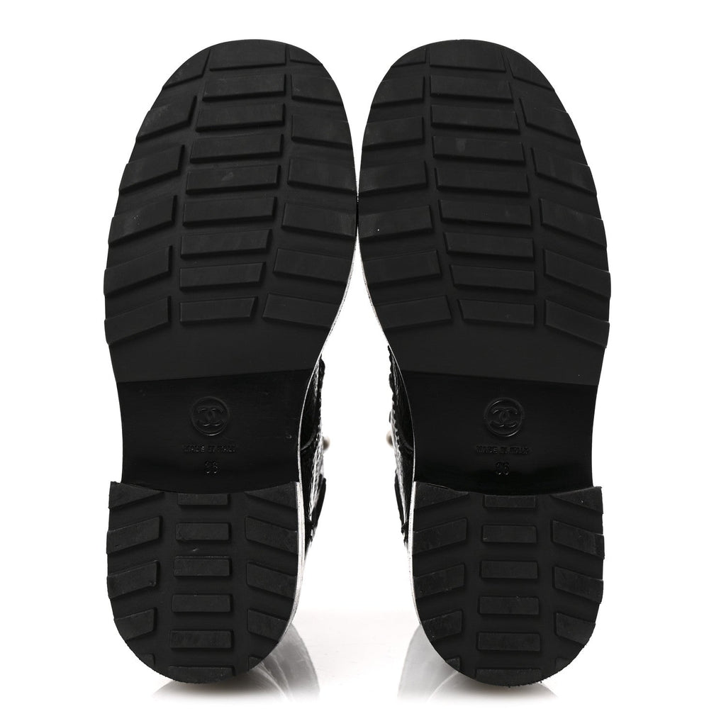 Shiny Calfskin Velvet Pearl Combat Short Boots 36 Black