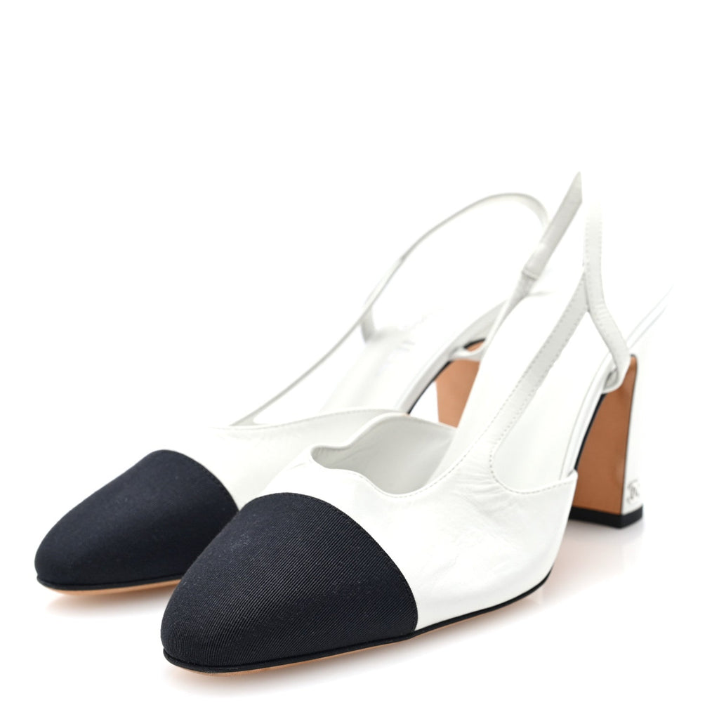 Goatskin Grosgrain Cap Toe CC Slingback Pumps 39 White Black