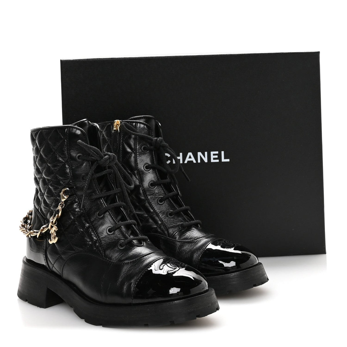 Shiny Calfskin Patent Quilted Chain Lace Up Combat Boots 40.5 Black