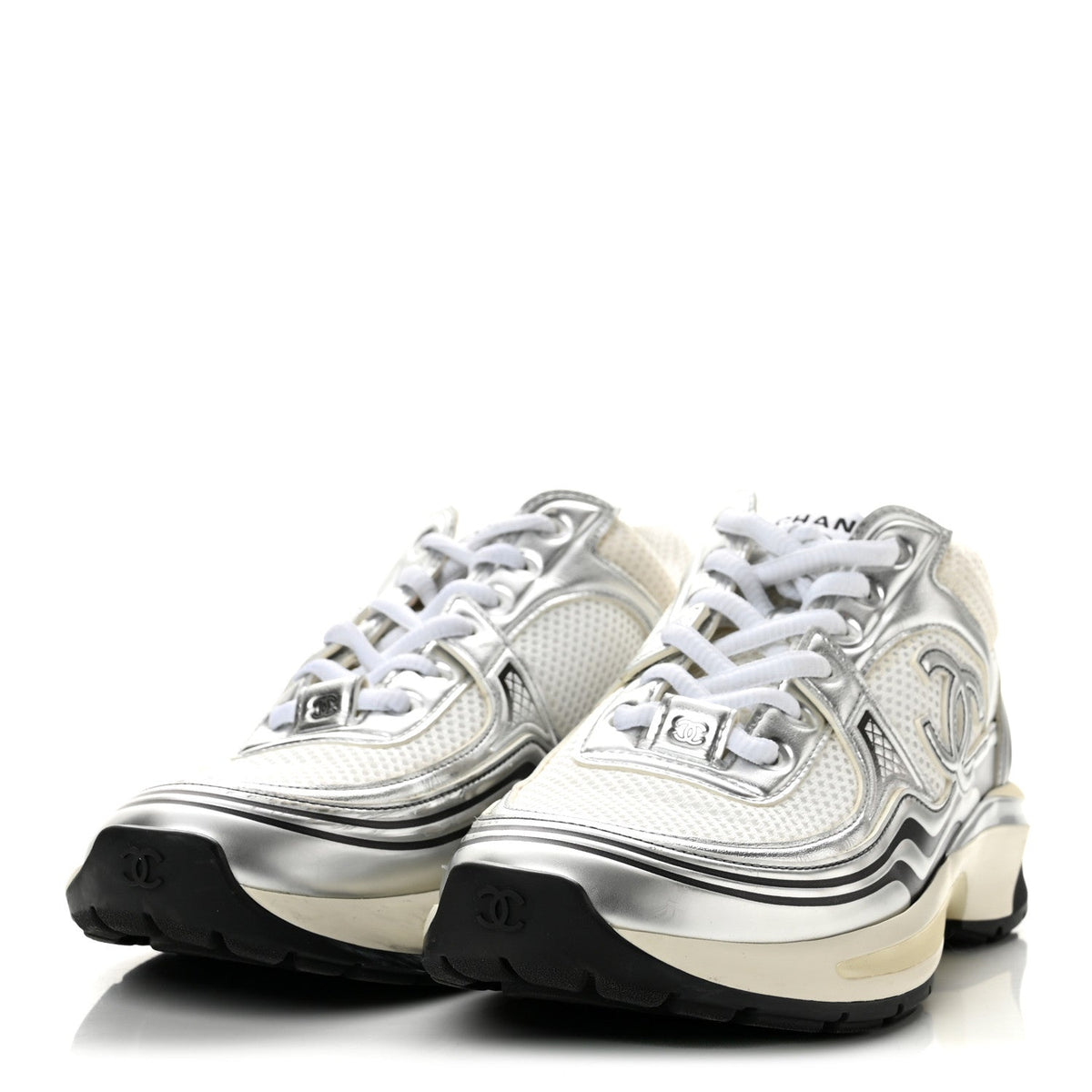 Fabric Laminated Calfskin Stretch CC Sneakers 37.5 White Silver