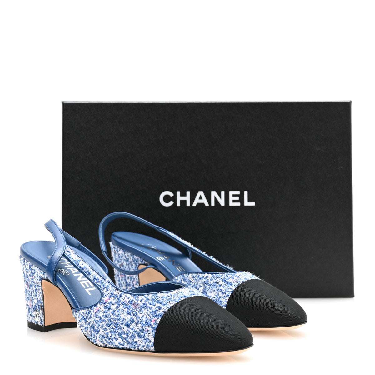 Tweed Grosgrain Cap Toe CC Slingback Pumps 36 Blue White Black