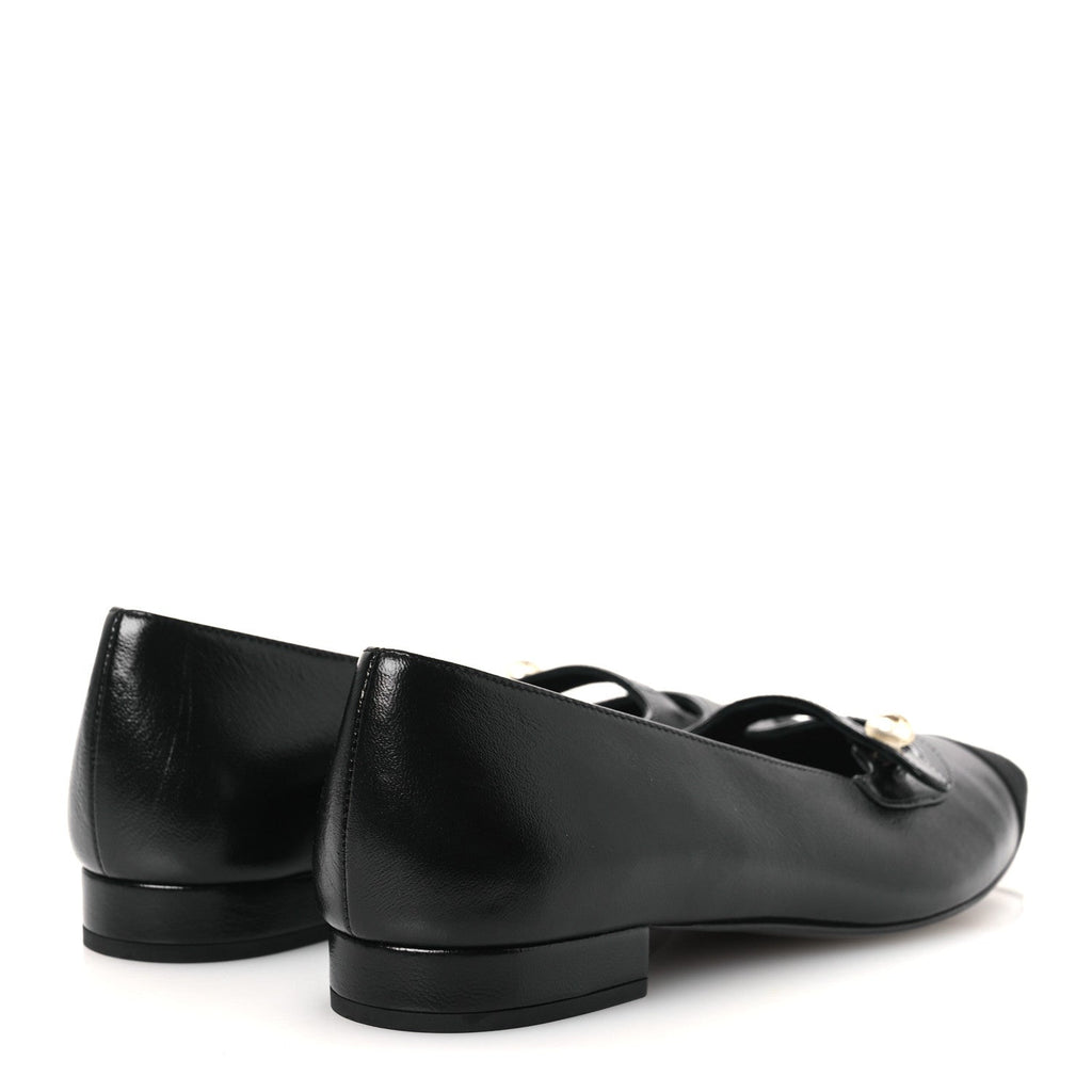 Shiny Lambskin Grosgrain Pearl Mary Jane Flats 37 Black