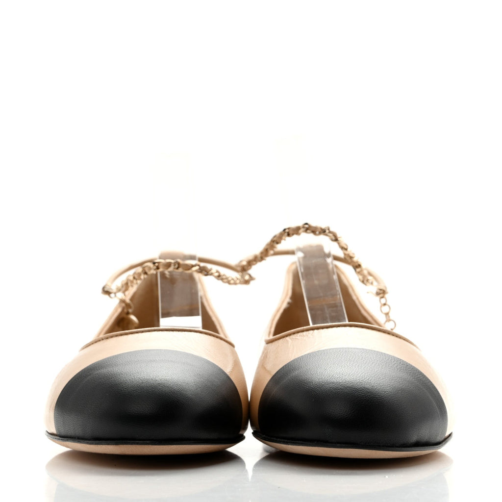 Lambskin Cap Toe Ankle Chain Ballerina Flats 41 Beige Black