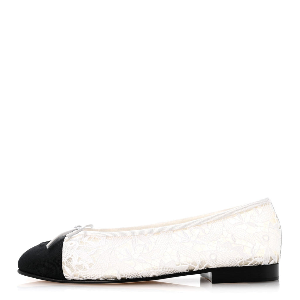 Cotton Mixed Fibers Grosgrain Cap Toe CC Ballerina Flats 37.5 White Black