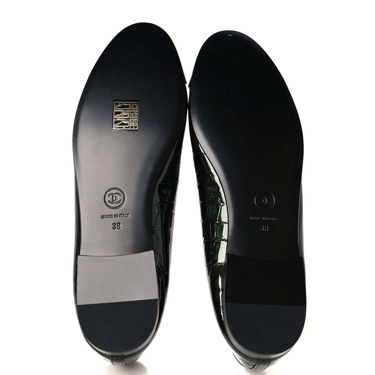 Patent Calfskin Crocodile Embossed Ballerina Flats 38 Dark Green Black