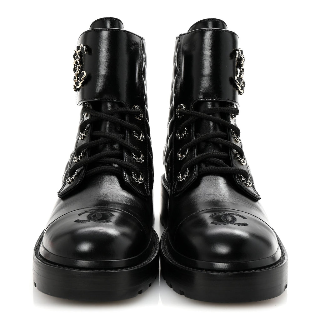 Shiny Lambskin Quilted Lace Up Combat Boots 39 Black
