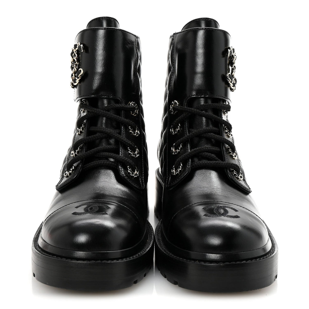 Shiny Lambskin Quilted Lace Up Combat Boots 39 Black