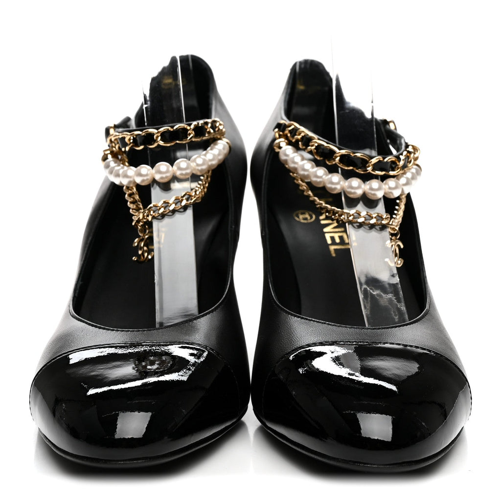 Shiny Lambskin Patent Calfskin Cap Toe Ankle Pearl Chain Pumps 39.5 Black