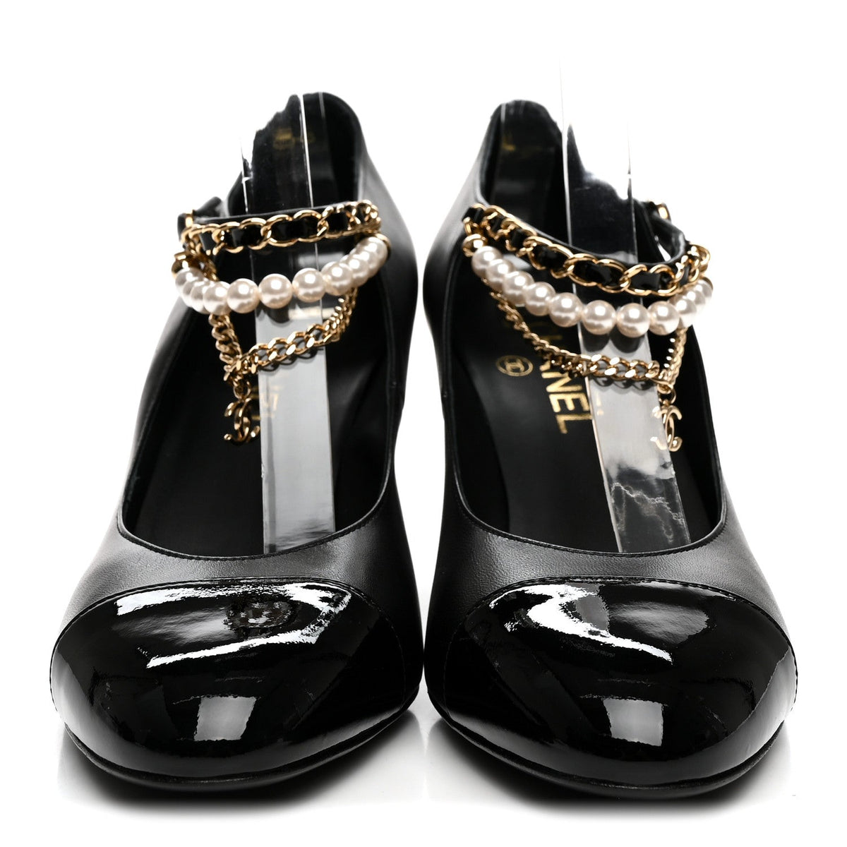 Shiny Lambskin Patent Calfskin Cap Toe Ankle Pearl Chain Pumps 39.5 Black