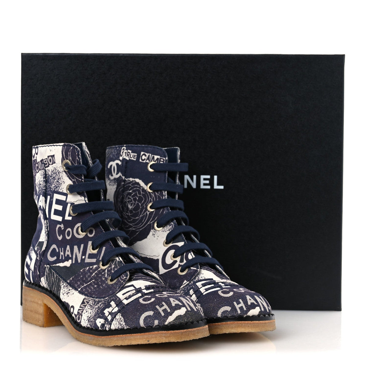 Suede Calfskin Printed CC 31 Rue Cambon Lace Up Combat Boots 39.5 White Navy