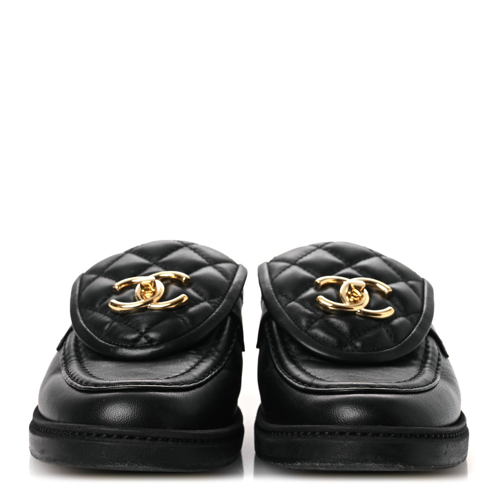 Lambskin Quilted CC Turnlock Mules 36.5 Black