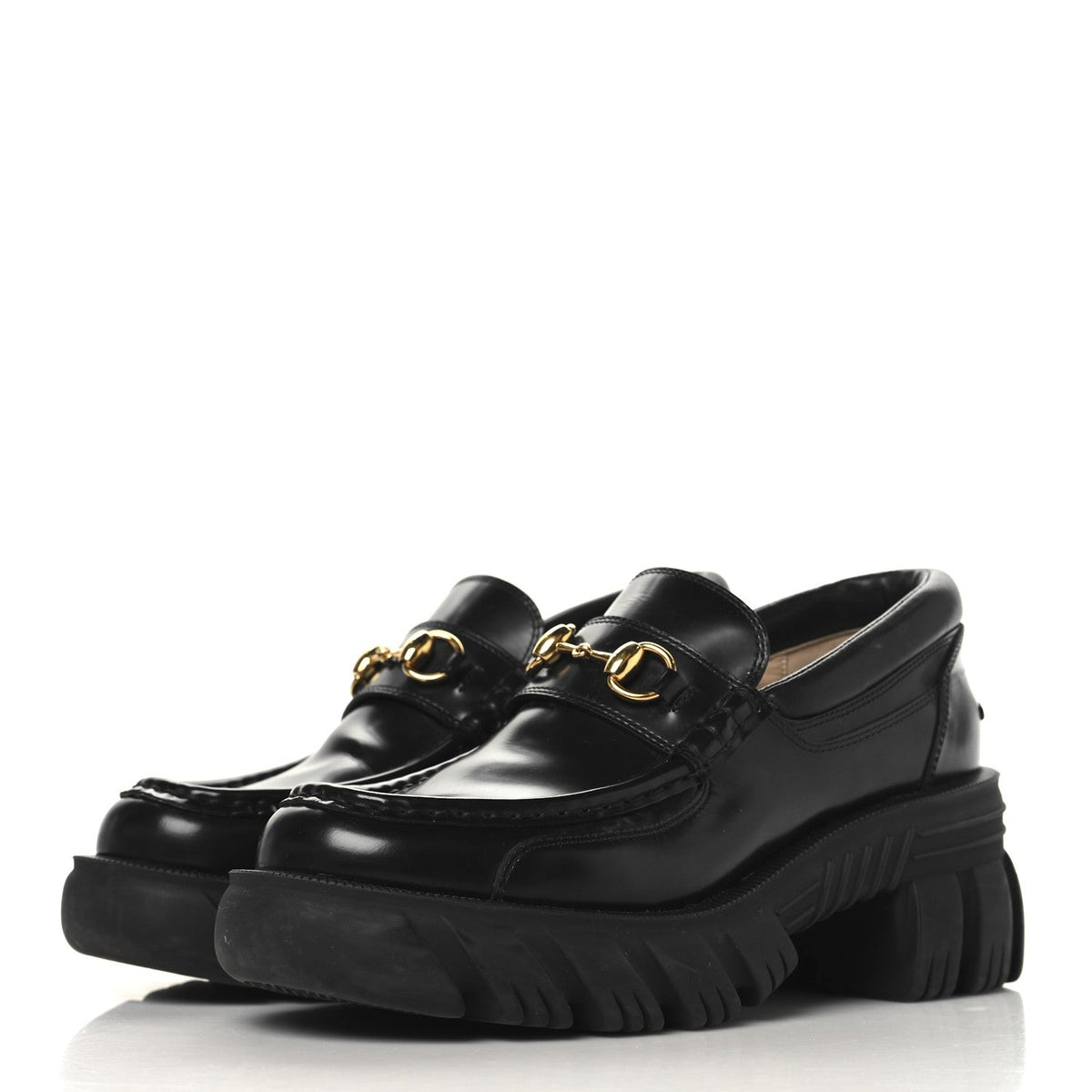 Magnum Calfskin Nappa Samoa Womens Horsebit Platform Chunky Lug Sole 40mm Loafers 38.5  Black
