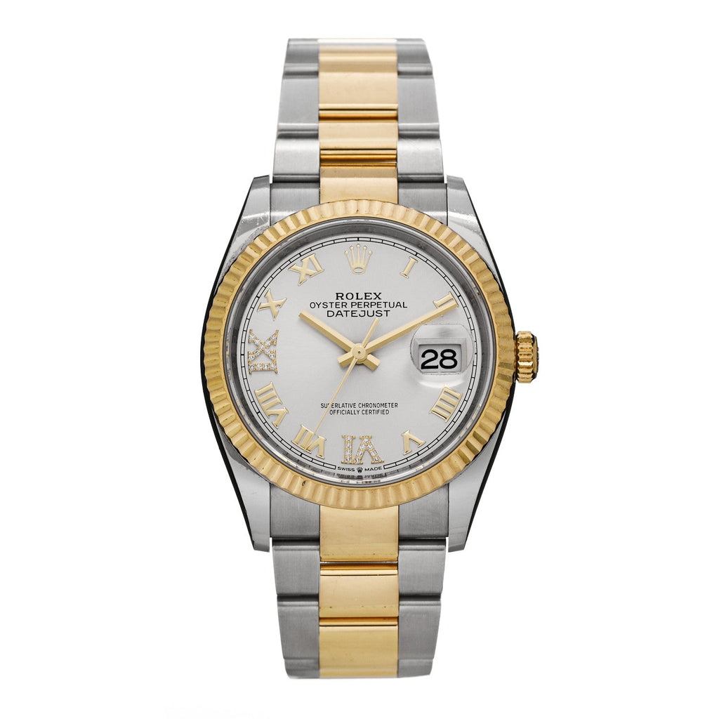 Stainless Steel 18K Yellow Gold Diamond 36mm Oyster Perpetual Datejust Watch Silver Roman 126233