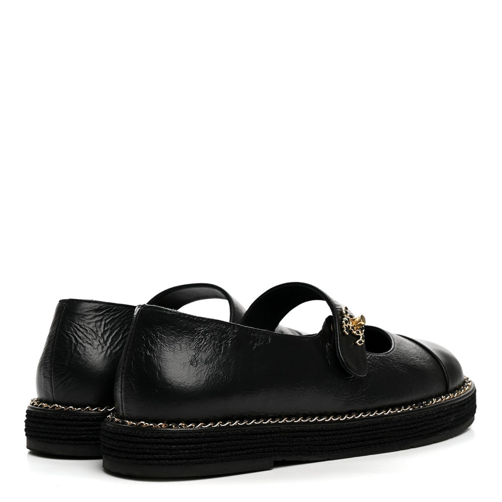 Crumpled Lambskin Cap Toe Chain CC Turnlock Mary Jane Flats 35 Black