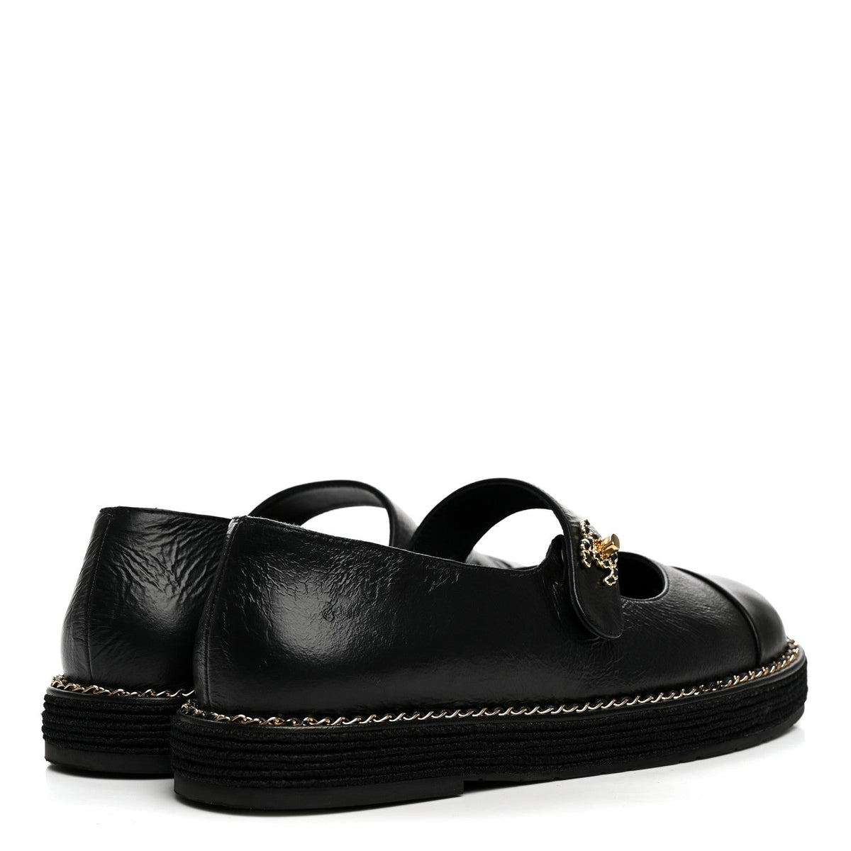 Crumpled Lambskin Cap Toe Chain CC Turnlock Mary Jane Flats 35 Black