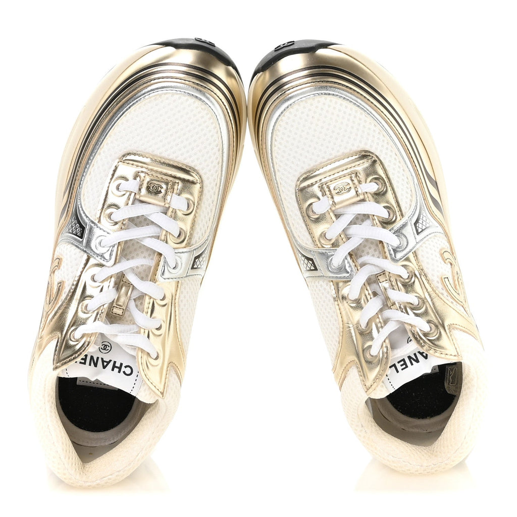 Fabric Laminated Calfskin Stretch CC Womens Sneakers 36.5 White Gold Silver