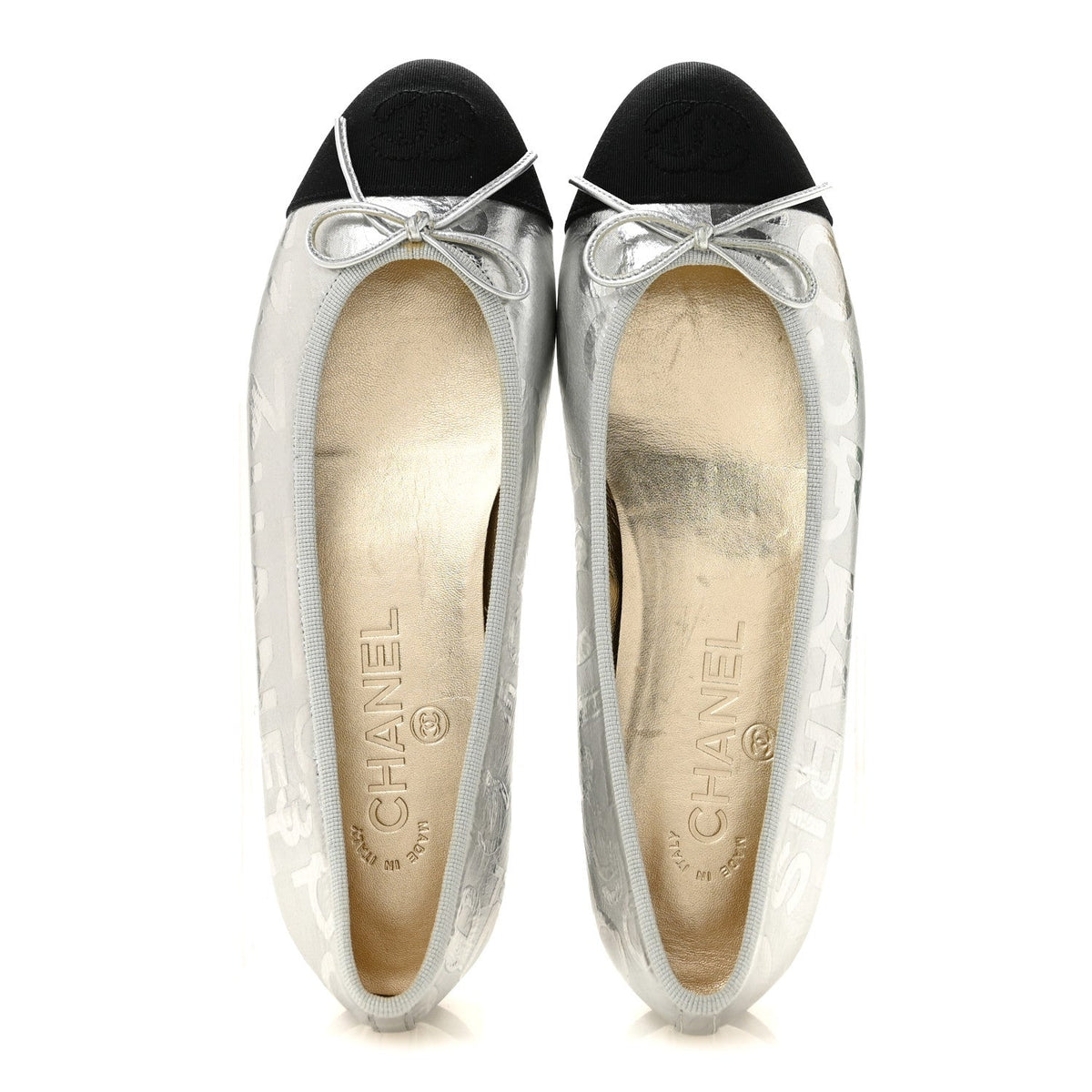 Laminated Goatskin Grosgrain Cap Toe CC Ballerina Flats 36 Silver Black