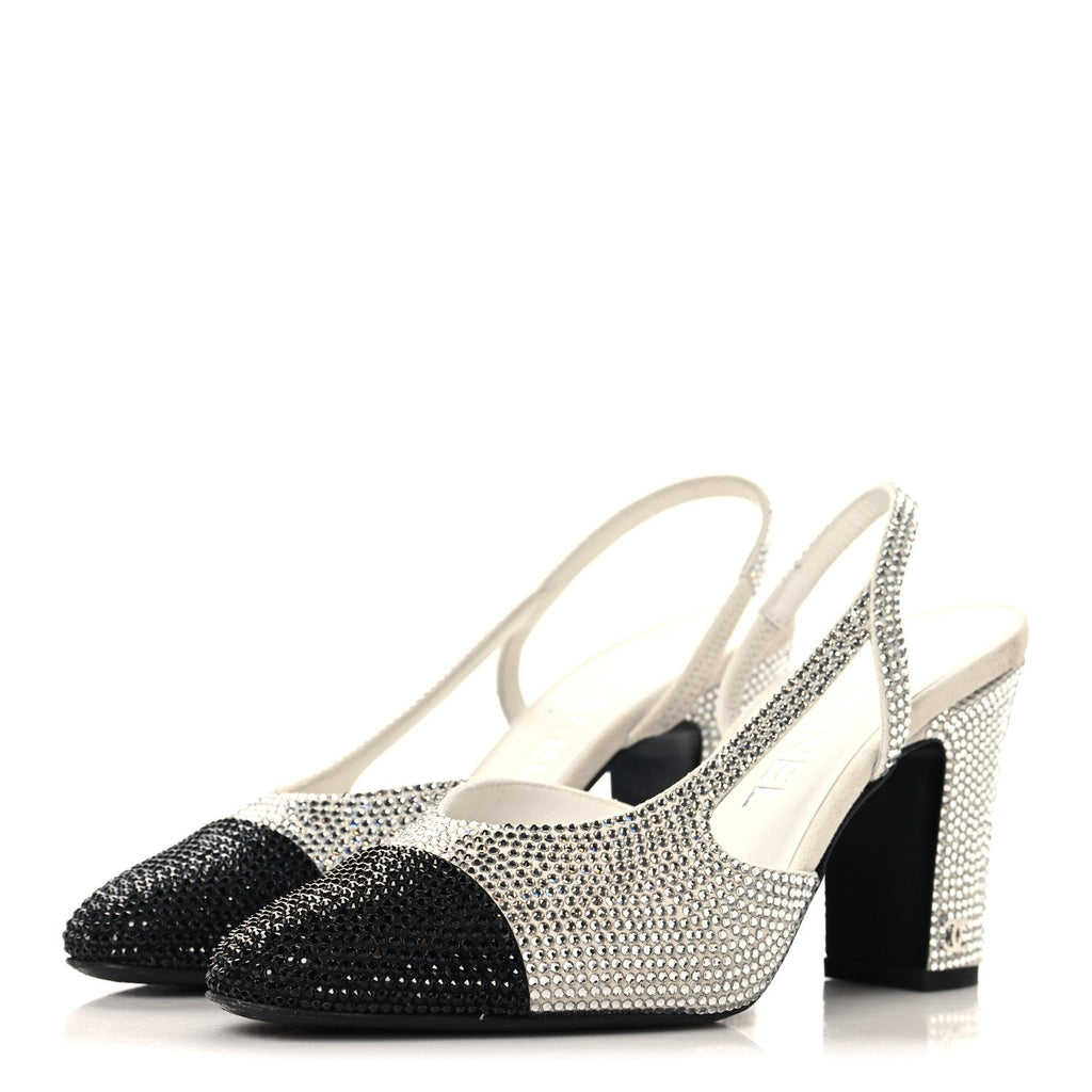 Strass Grosgrain Cap Toe CC Slingback Pumps 36.5 Silver Black