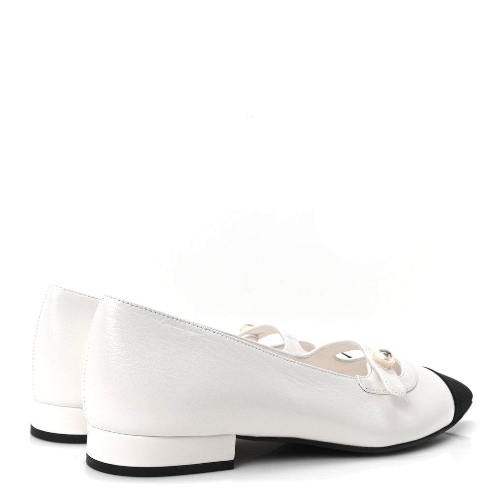 Shiny Lambskin Grosgrain Pearl Mary Janes Flats 36 White Black
