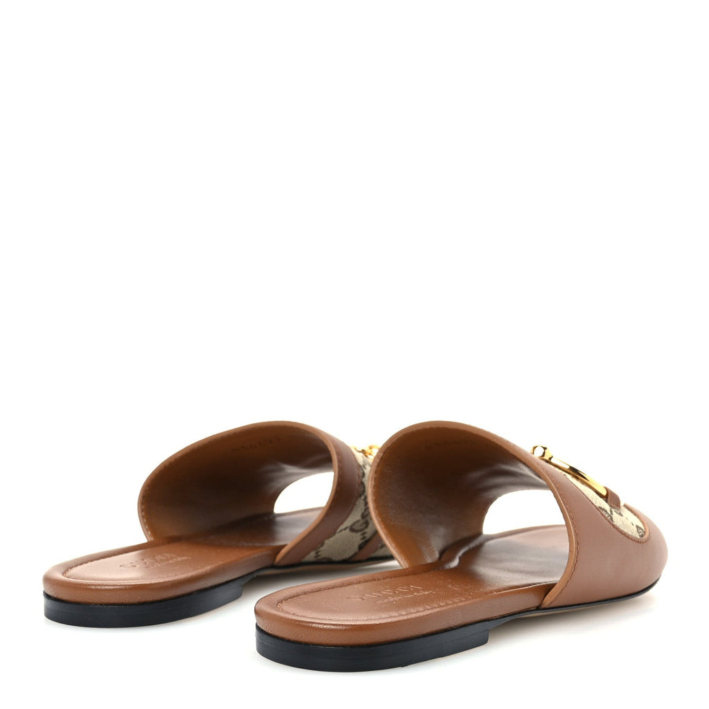 Calfskin Monogram Horsebit Womens Slide Sandals 38 Sundial Beige Ebony