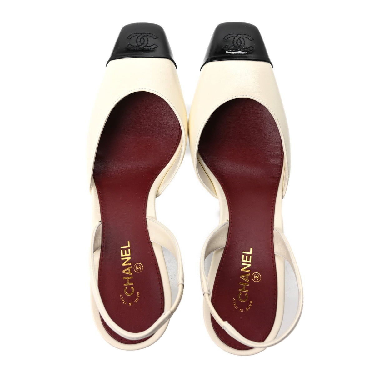 Lambskin Patent Calfskin Cap Toe CC Slingback Pumps 39.5 Ivory Black