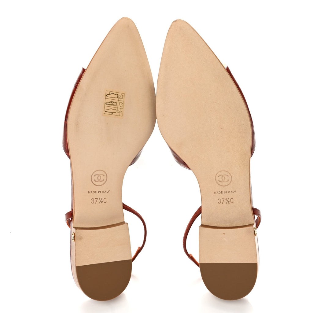 Patent Calfskin Crocodile Embossed Cap Toe CC Slingback Flats 37.5 Dark Red White