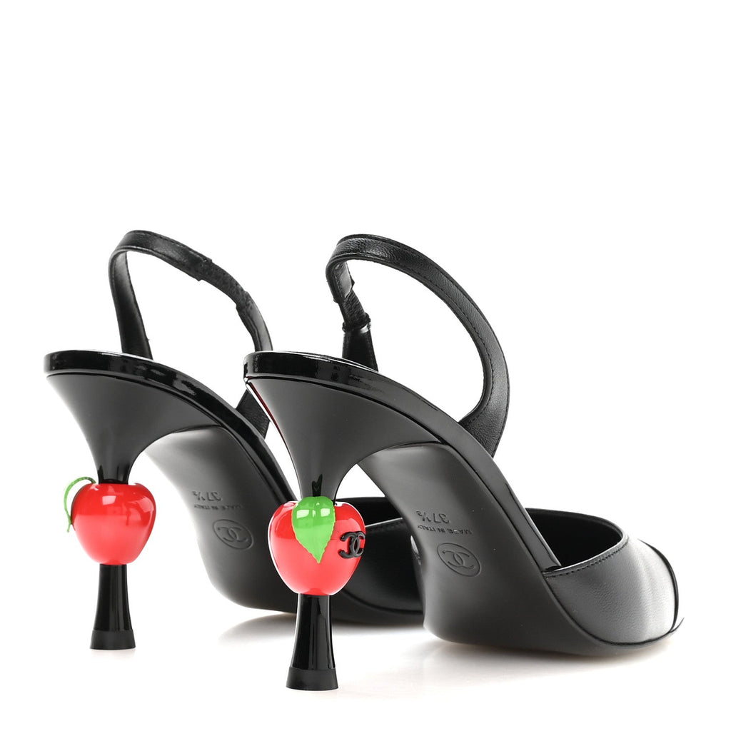 Lambskin Patent Calfskin Cap Toe CC Apple Slingback Pumps 37.5 Black