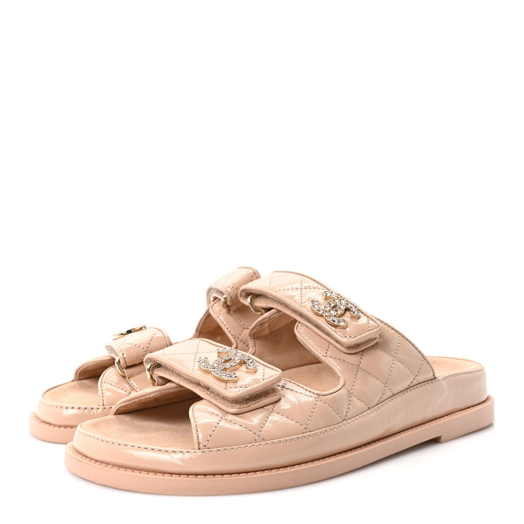 Shiny Calfskin Quilted Velcro Dad Crystal CC Slide Sandals 38 Beige