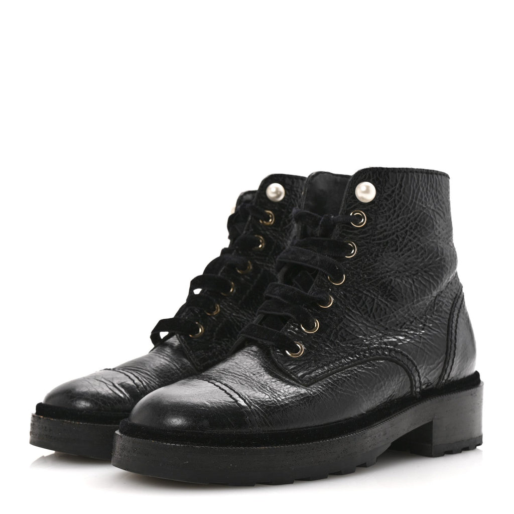 Shiny Calfskin Velvet Pearl Combat Short Boots 36 Black