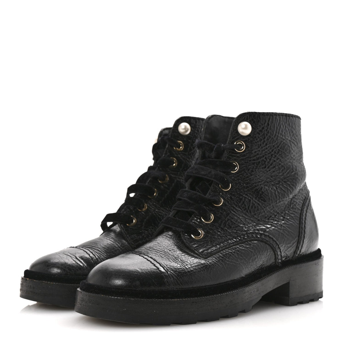 Shiny Calfskin Velvet Pearl Combat Short Boots 36 Black