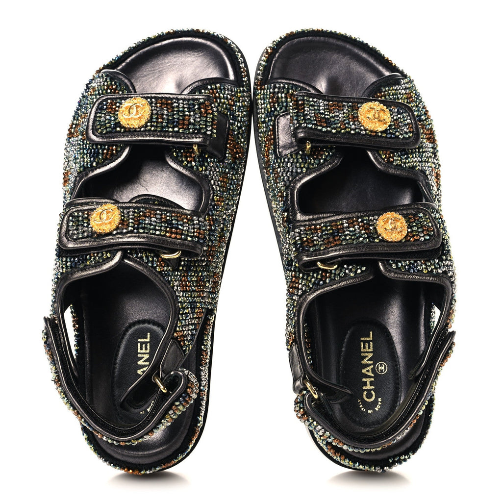 Grained Calfskin Crystal Velcro Dad Sandals 36.5 Black Multicolor
