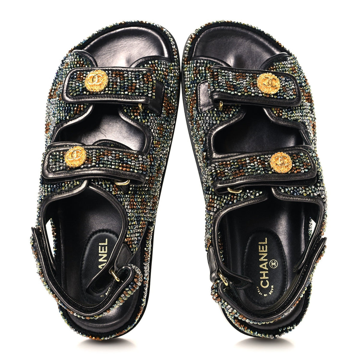 Grained Calfskin Crystal Velcro Dad Sandals 36.5 Black Multicolor