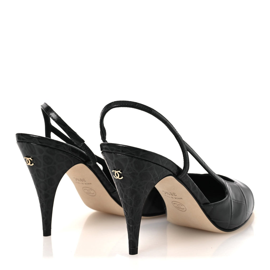 Patent Calfskin Crocodile Embossed Cap Toe CC Slingback Pumps 38.5 Dark Grey White