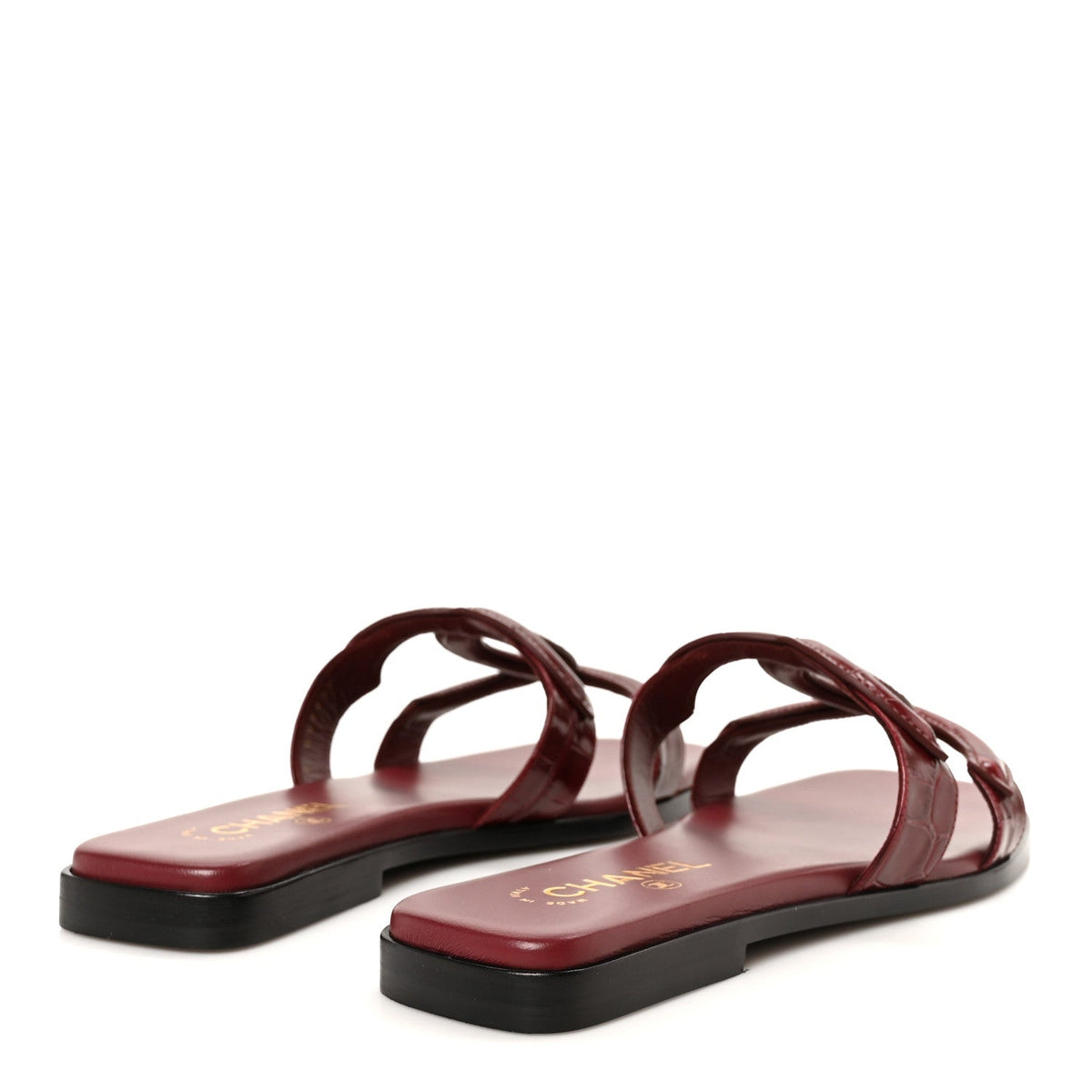 Crocodile Embossed Patent Calfskin CC Mules Sandals 39.5 Burgundy