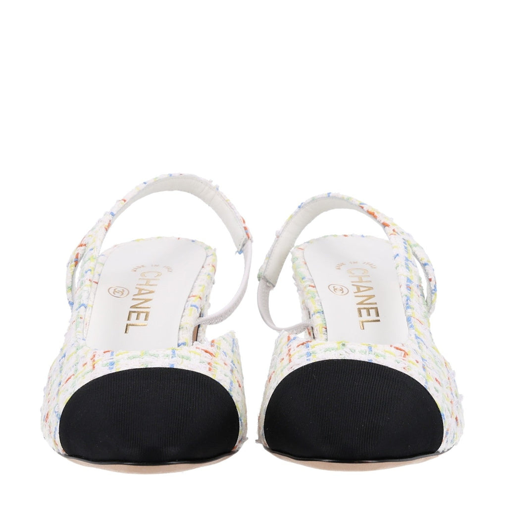 Tweed Grosgrain Cap Toe CC Slingback Pumps 40 White Multicolor
