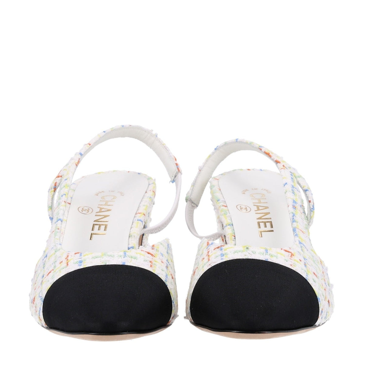 Tweed Grosgrain Cap Toe CC Slingback Pumps 40 White Multicolor