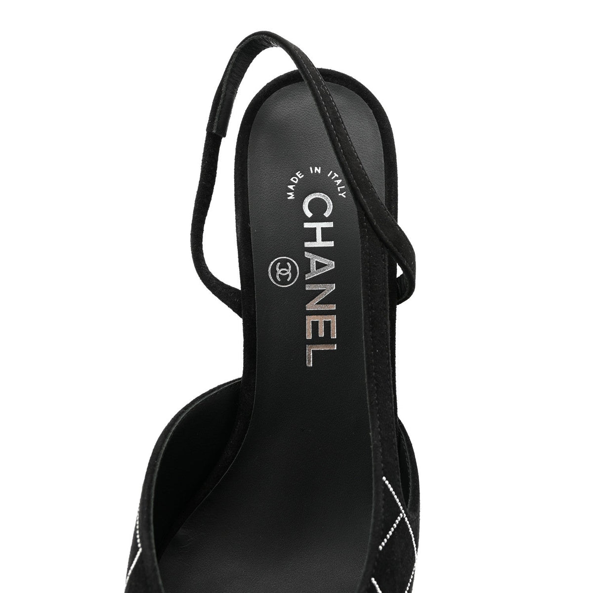 Suede Crystal Grosgrain Cap Toe CC Slingback Pumps 38 Black Silver