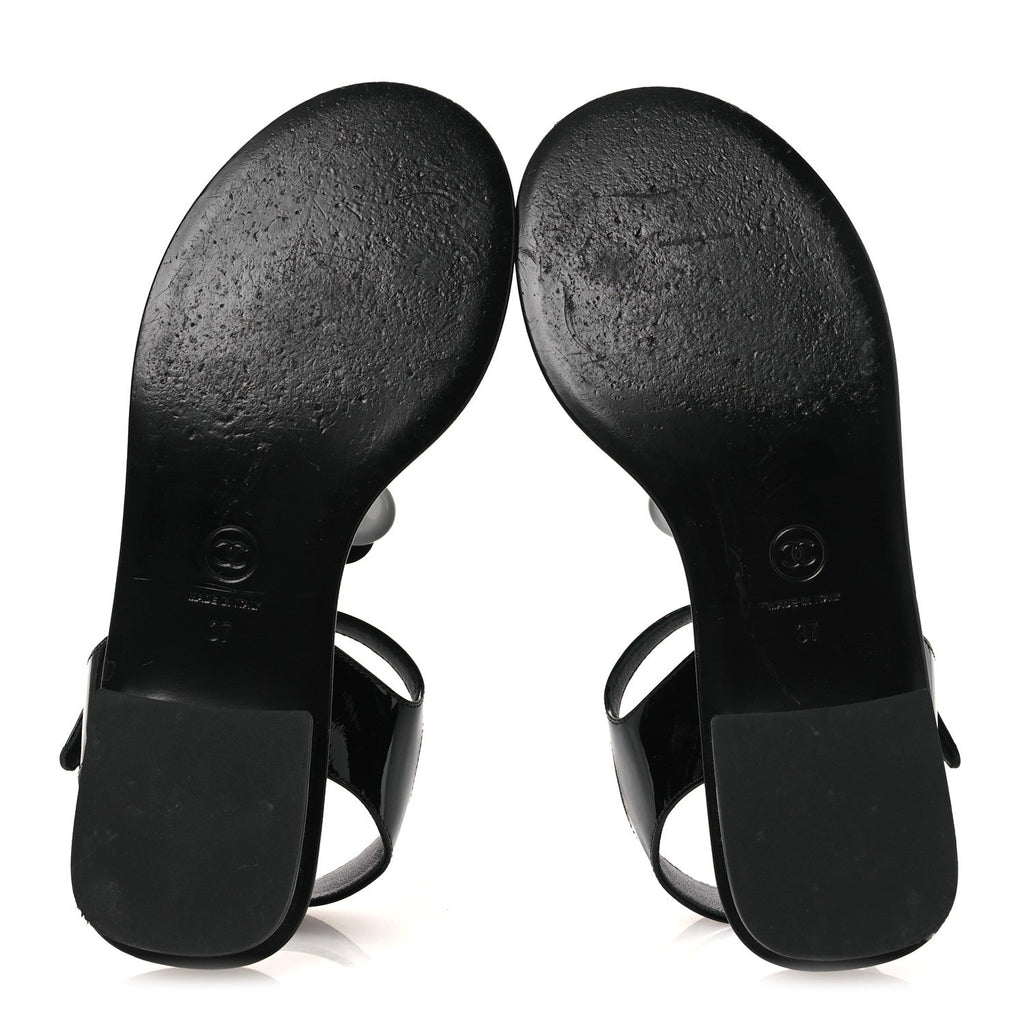 Patent Calfskin Camellia Thong Sandals 37 Black White