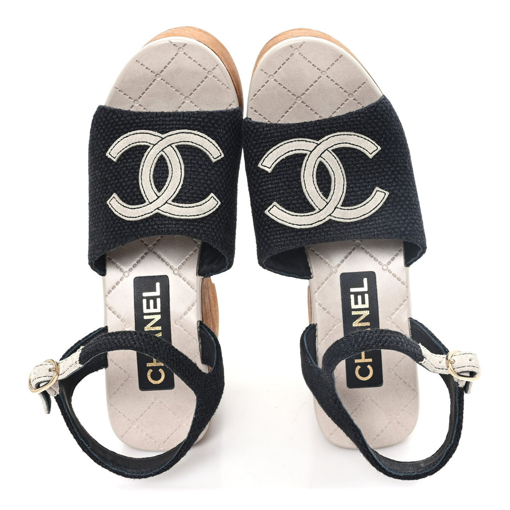 Fabric Calfskin Platform Wedge Sandals 36 Black