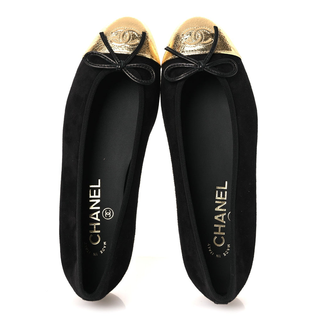 Suede Crackled Laminated Calfskin Cap Toe Ballerina Flats 36.5 Black Gold