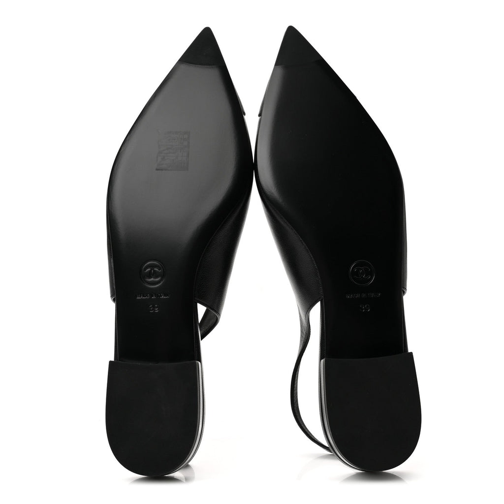 Goatskin Grosgrain Pointed Toe CC Slingback Flats 39 Black