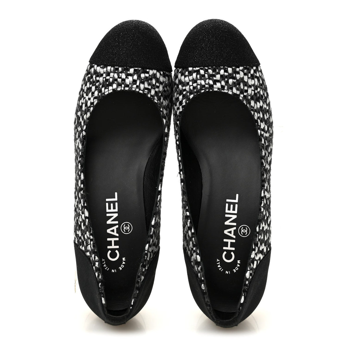 Tweed Grosgrain Chain Cap Toe Low Heel Pumps 37 Silver Grey Black
