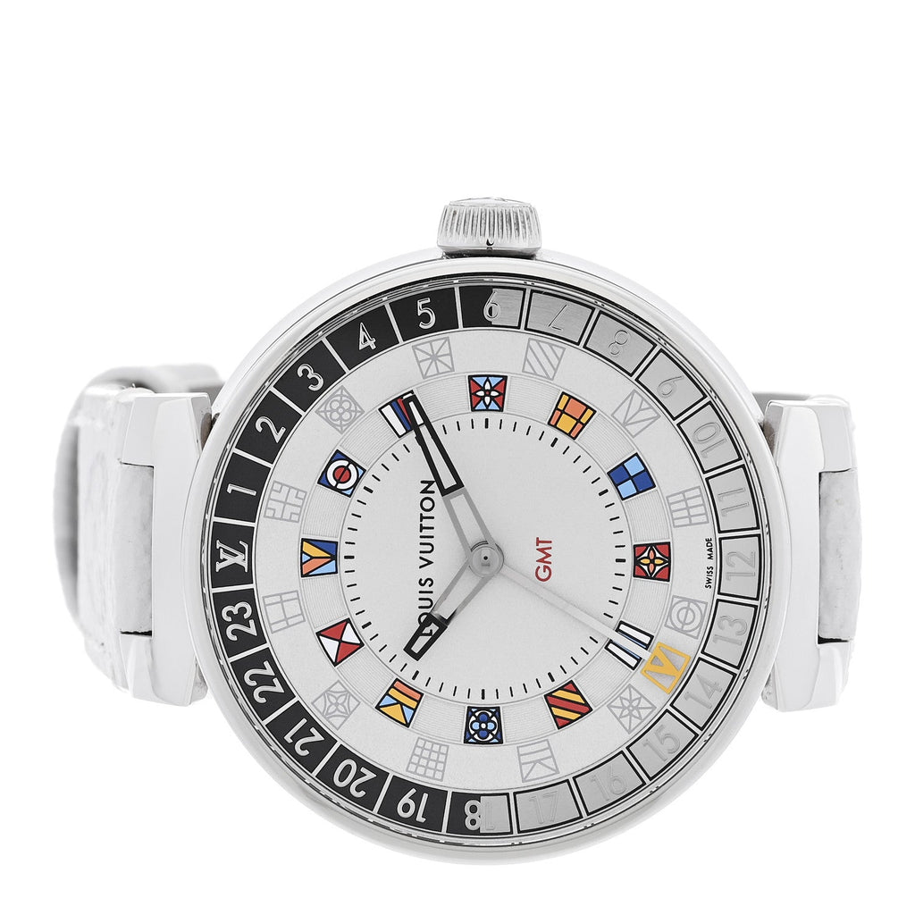 Stainless Steel Rubber 44mm Tambour Moon Dual Time GMT Quartz Watch Silver
