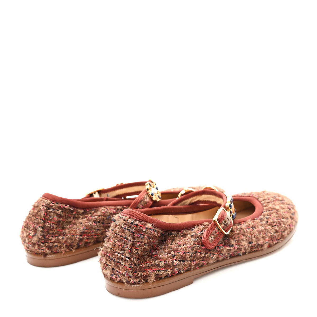 Wool Tweed Mary Jane Flats 37.5 Brown Red Dark Blue