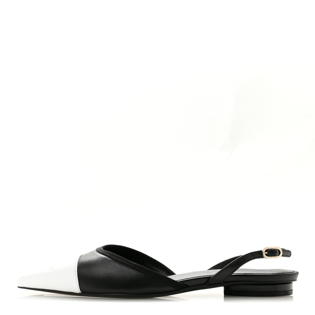 Iridescent Lambskin Cap Toe CC Slingback Flats 37 Black White
