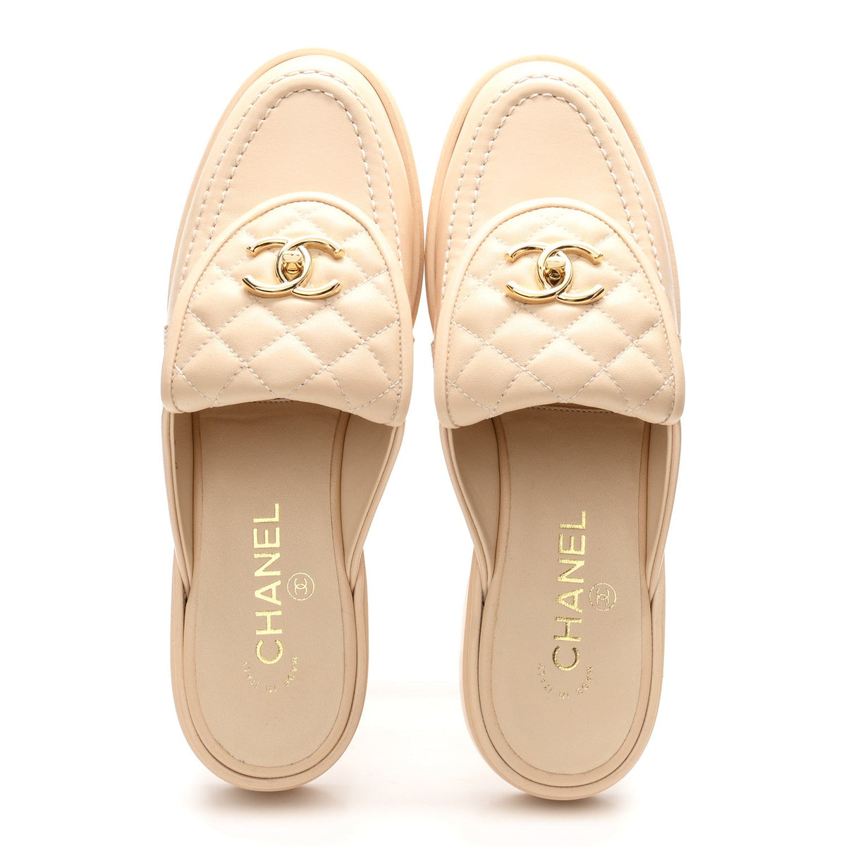 Lambskin Quilted CC Turnlock Mules 39 Light Beige