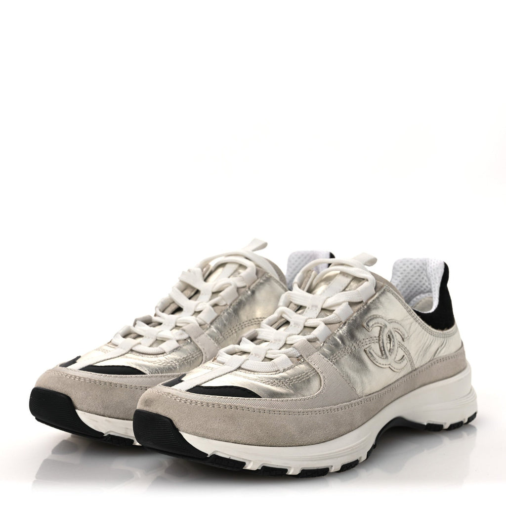 Suede Metallic Calfskin Womens CC Sneakers 39.5 White Silver