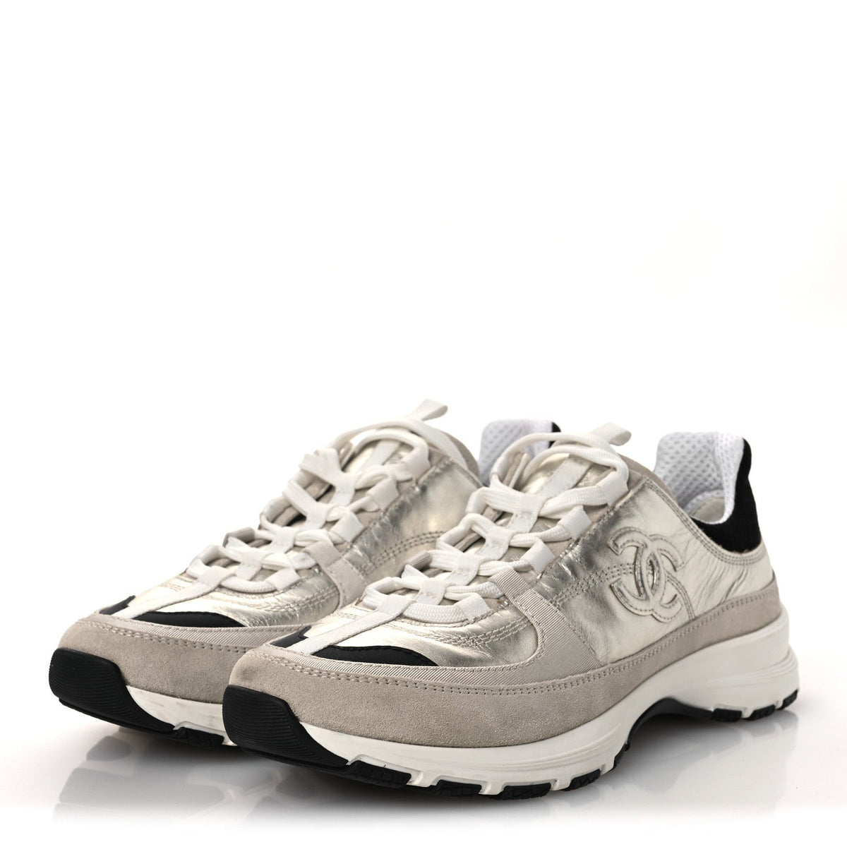 Suede Metallic Calfskin Womens CC Sneakers 39.5 White Silver