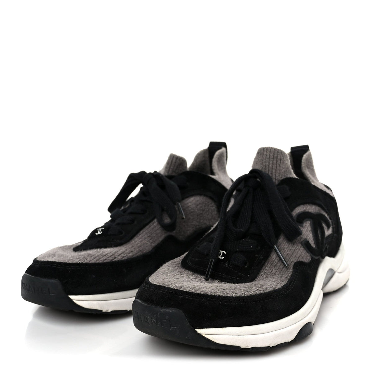 Fabric Suede Calfskin CC Sneakers 38 Gray Black