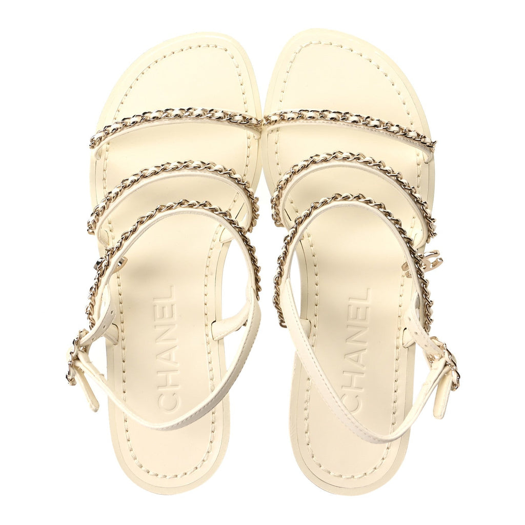 Lambskin CC Chain Flat Sandals 36.5 Ivory